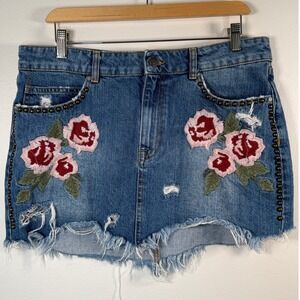 Free People Wild Rose Skirt Womens 31 Denim Blue Embroidered Studded Distressed